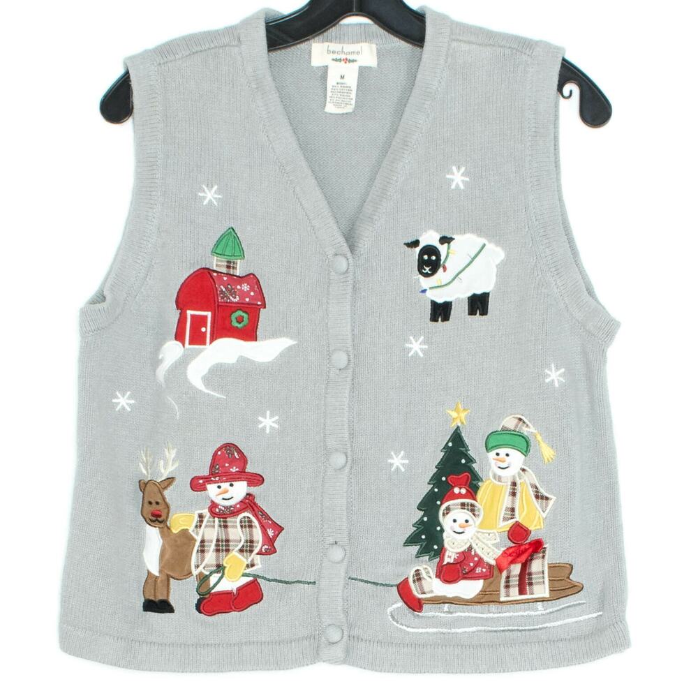 Bechamel Womens Sweater Vest Button Ramie Cotton Christmas Gray Size Medium FD